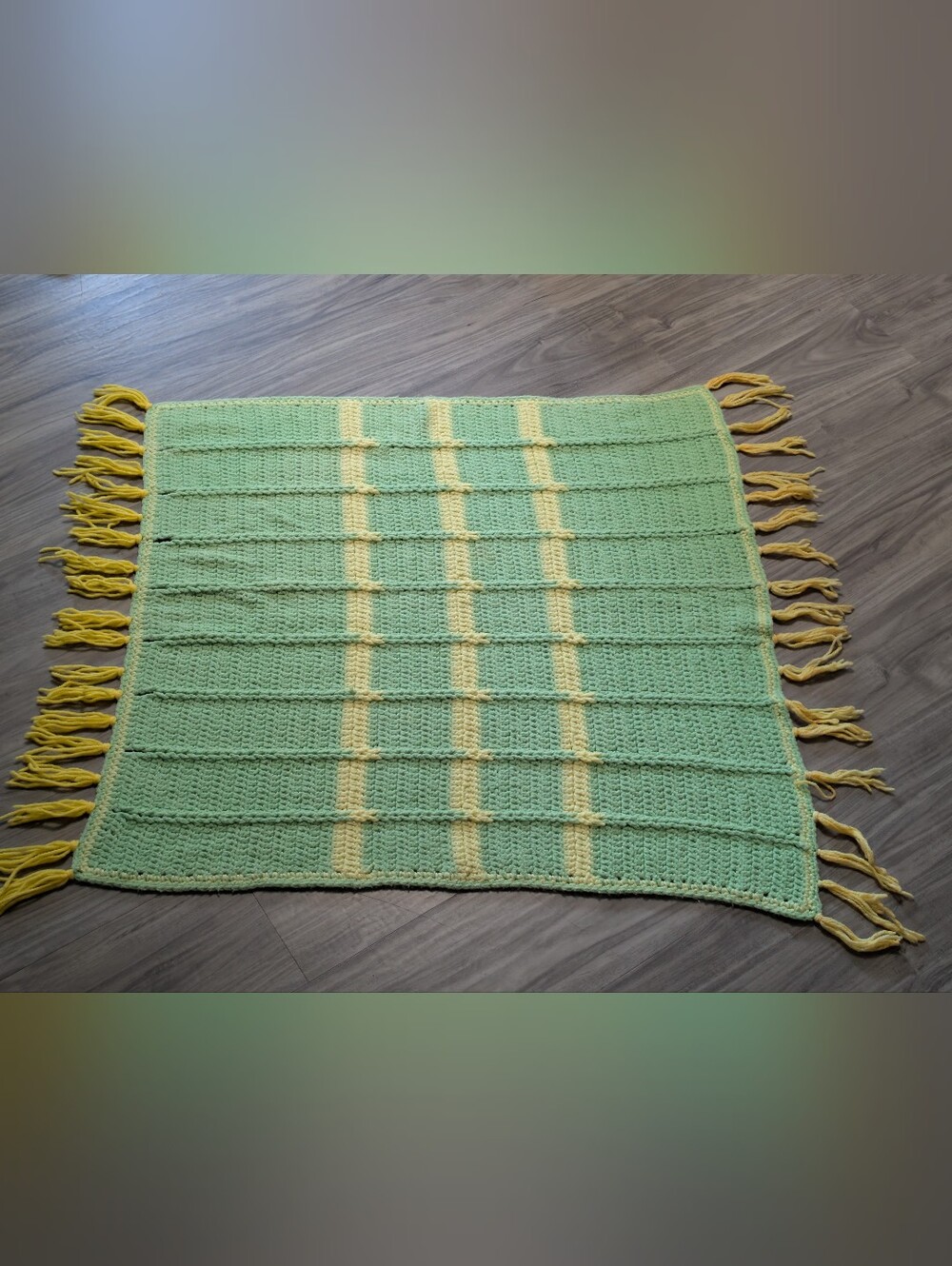 Vintage Handmade Crochet Plaid Baby Blanket Sage Green Yellow Afghan Fringe 31x3
